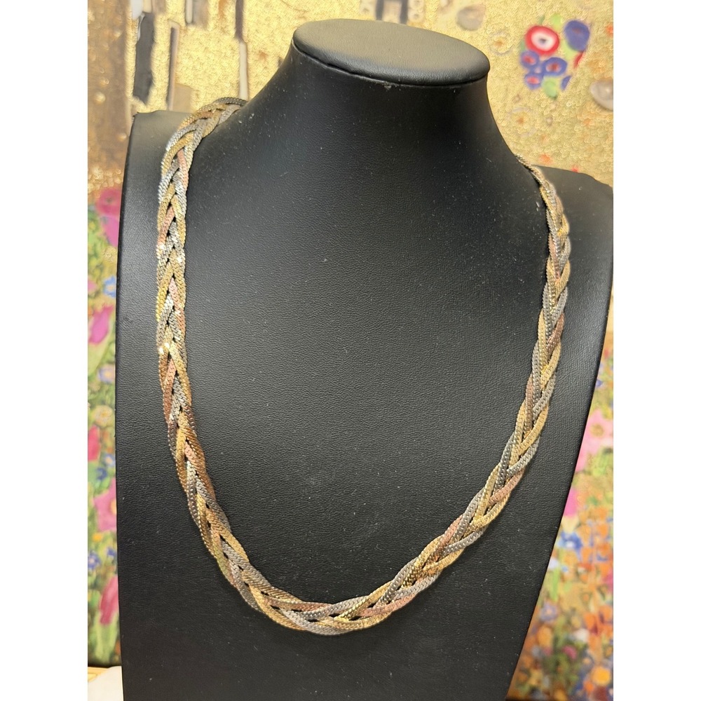 Vintage Braided Herringbone Necklace 22in Tricolor Mixed Metal Chain Statement N